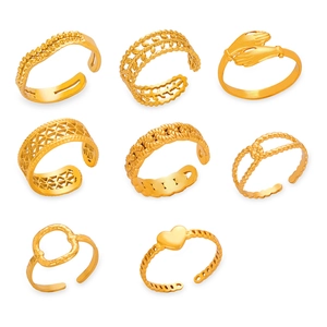 Eight assorted gold adjustable rings featuring heart shapes and geometric patterns on white