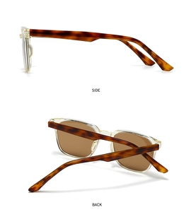 Vue détaillée des lunettes de soleil écaille avec verres bruns et angles latéraux