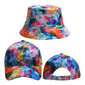 Detail showing two-piece set of bucket hat and baseball cap with colorful feather prints
