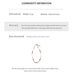Detail view showing natural stone beaded necklace specs with 38.1cm length and 8.1g weight