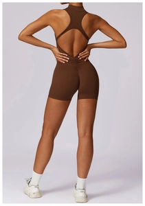Rear view of brown backless yoga bodysuit with high-stretch fabric and ruched butt details