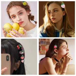 Detailed views of diverse fruit-shaped hair clips like lemon and strawberry on models