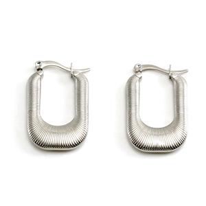 Modern U-shaped stainless steel earrings with vertical striped texture and silver plating