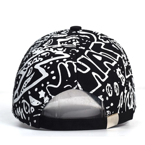 Detail view of graffiti print baseball cap showing the adjustable metal buckle at the back