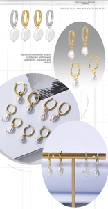 Detailed macro view of S925 sterling silver hoop earrings with baroque pearls in gold and silver