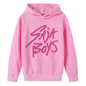 Vue détaillée du sweat à capuche rose avec imprimé artistique SJA BOYS sur le devant