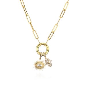 18K gold paperclip chain necklace with Hamsa hand and sun pendant with zircon stones