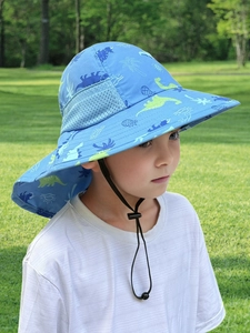 Close-up of kids dinosaur sun hat with neck flap and breathable mesh detail