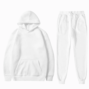 Minimalist white tracksuit set with hooded sweatshirt and matching jogger pants