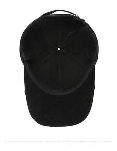 Internal view of a warm black winter hat showing the six-panel structure and sweatband