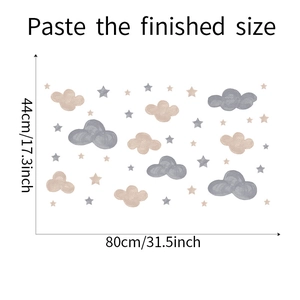 Detail view of watercolor cloud and star wall decals showing dimensions 80x44 cm