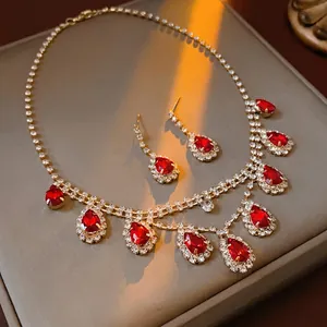 Luxury Water Drop Rhinestone Copper Necklace And Earrings Jewelry For Women Vintage Pear Shaped Elegant Accessories