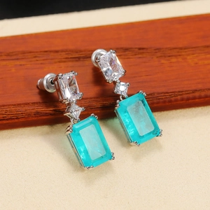 Elegant silver earrings with square Paraiba blue gemstones and clear cubic zirconia