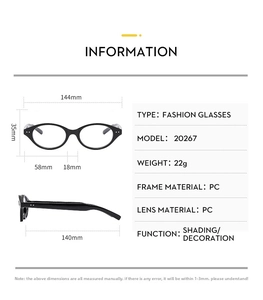 Detailed size chart for retro cat-eye glasses frame including width and lens dimensions
