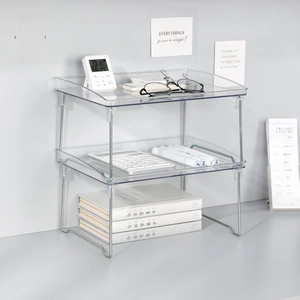 Macro shot of transparent double-layer acrylic desktop organizer with silver metal frame