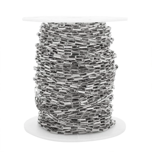 Macro shot of silver rectangular box chain on a spool for DIY jewelry making and crafts