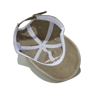 Detailed inner view of khaki cotton baseball cap showing sweatband and stitching