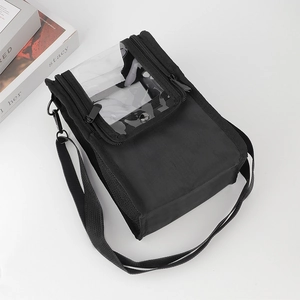 Close-up of black makeup bag with transparent PVC window and durable dual zippers