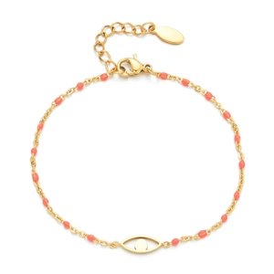 Golden stainless steel bracelet with orange enamel beads and evil eye charm