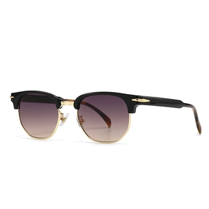 Classic men's square clubmaster sunglasses with black top frame and golden metal accents