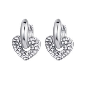 Elegant silver hoop earrings with dazzling diamond-encrusted heart-shaped pendants