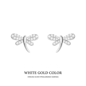 Elegant S925 sterling silver dragonfly stud earrings with white zircon in white gold finish