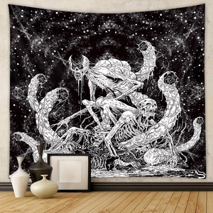 Black And White Wall Tapestry Polyester Skull Skeleton Galaxy Print Gothic Horror Home Decor For Bedroom Living Room