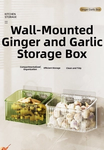 Macro detail of wall-mounted transparent kitchen storage box for ginger and garlic