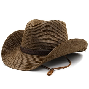Brown woven straw cowboy hat with embossed leather band and adjustable chin strap