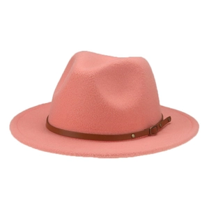Detail of salmon pink wool felt fedora with brown leather band and metallic buckle