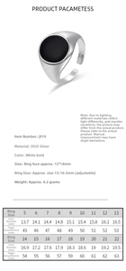 Detailed size chart for 925 sterling silver rings showing circumferences and diameters