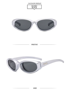 Detail view showing silver Y2K oval frame sunglasses with black lenses from front and side