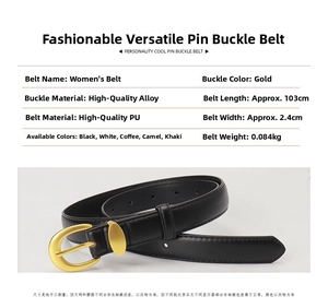 Detailed size specifications for women's black PU leather belt with gold alloy pin buckle