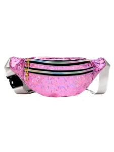 Sac banane laser holographique rose pour femme avec bandoulière réglable et double fermeture
