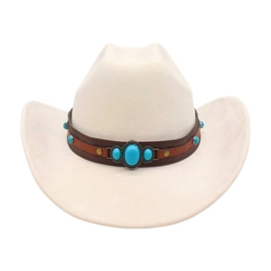Detail of western cowboy hat with ivory felt texture and turquoise stone leather band