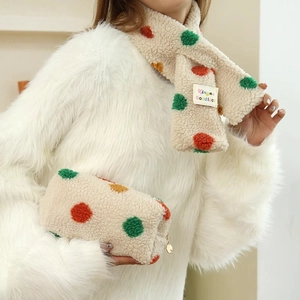 Plush polka dot makeup bag and scarf set in cream white soft fleece material