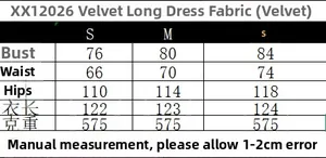 Detailed size chart for elegant velvet long dress showing S, M, L measurements in cm