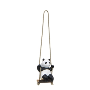 Close-up of a 3D resin panda swinging on hemp ropes with realistic wood texture base
