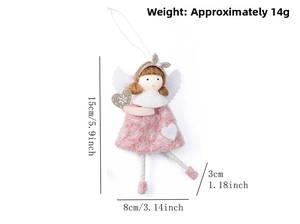 Pink plush angel Christmas tree ornament with golden heart detail and size specs