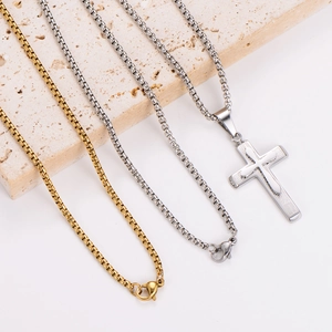 Double-layer stainless steel necklaces in gold and silver with textured cross pendant