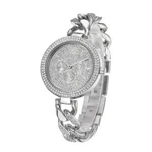 Silver iced out hip hop watch with diamond dial and heavy chain link bracelet for men