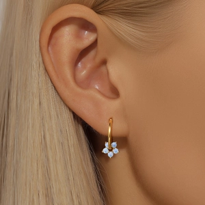 Detailed close-up of S925 silver flower earrings with light blue opal stones and gold plating