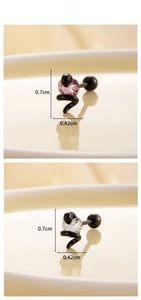 Macro detail of black snake heart stud earring with clear zircon showing size 0.7cm x 0.42cm