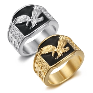 Eagle Signet Ring Stainless Steel Men Black Enamel Spreading Wings Hip Hop Punk Vintage Jewelry
