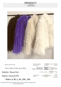 Faux fur jacket size chart and fabric details for black, purple, grey, and white options