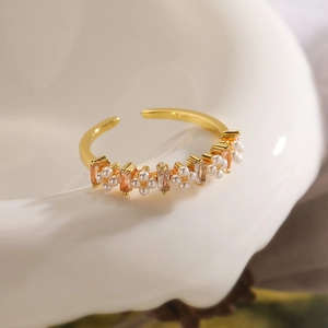 18K gold plated open ring featuring elegant pearls and rectangular champagne zircon stones