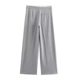 Modern grey wide-leg trousers for women with minimalist back pocket design and fluid drape