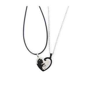 Detail of cat couple heart matching necklaces with braided rope and steel chain link