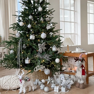 Silver glitter Christmas ornaments set featuring silver bows and plush reindeer decor