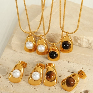 Stainless Steel Necklace And Earrings Irregular Geometric With Imitation Artificial Pearl And Tiger's Eye Stone For Women
